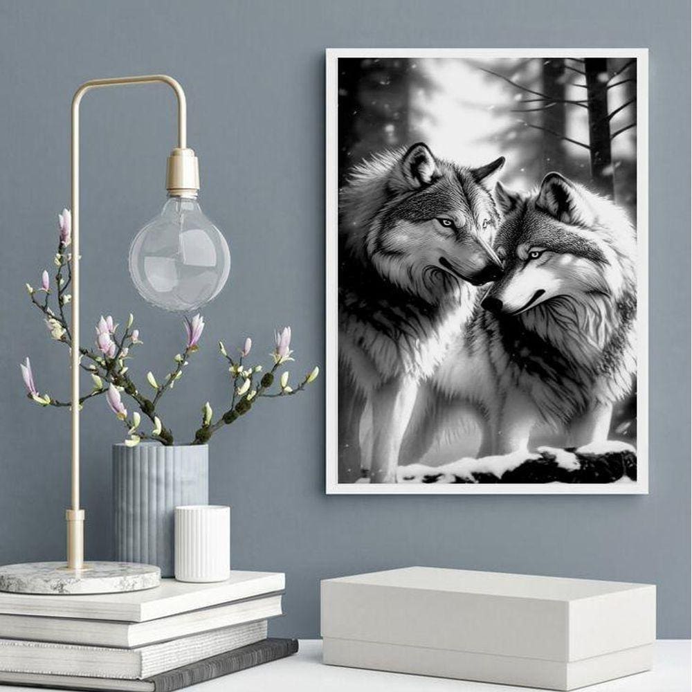 Quadro Casal De Lobos - Preto E Branco 33X24Cm - Com Vidro