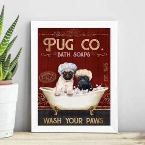 Quadro Decorativo Banheiro Pugs 45X34Cm - Com Vidro
