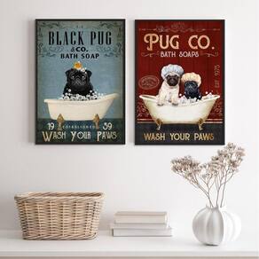Kit 2 Quadros Banheiro Cão Pug 33X24Cm - Com Vidro