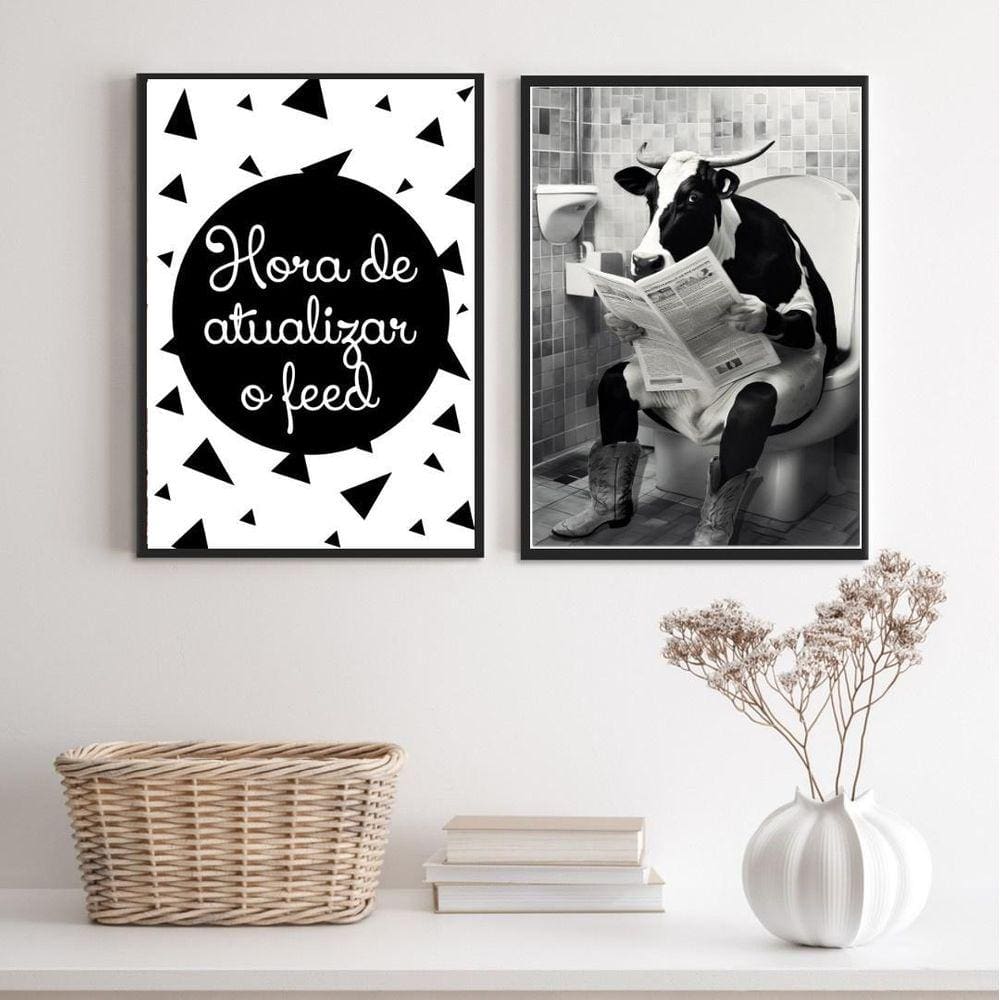 Kit 2 Quadros Engraçados Banheiro - Vaca 33X24Cm - Com Vidro