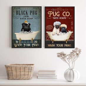 Kit 2 Quadros Banheiro Cão Pug 45X34Cm - Com Vidro