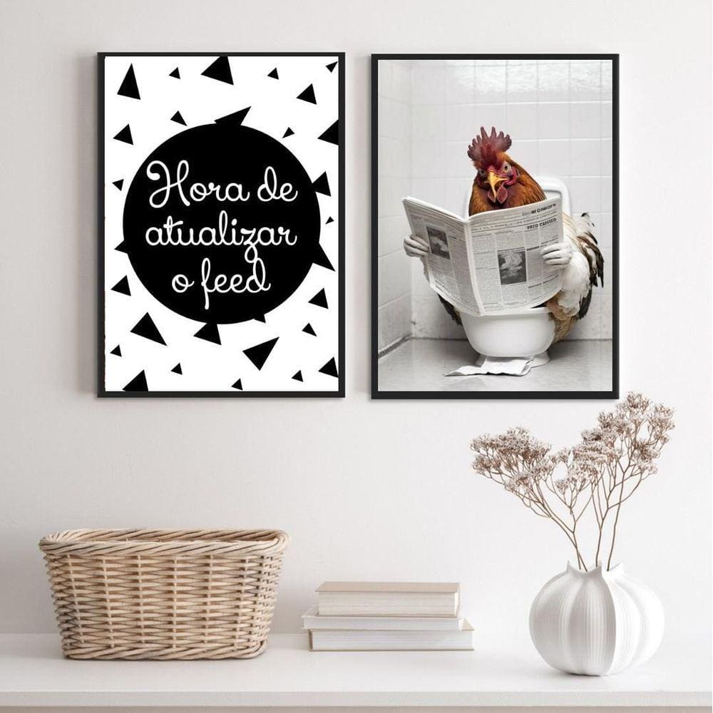 Kit 2 Quadros Engraçados Banheiro - Galo 33X24Cm