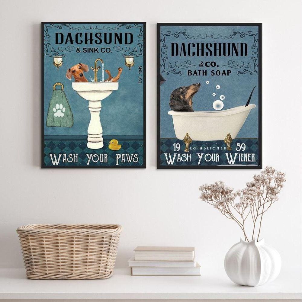 Kit 2 Quadros De Banheiro Cão Dachshund 45X34Cm