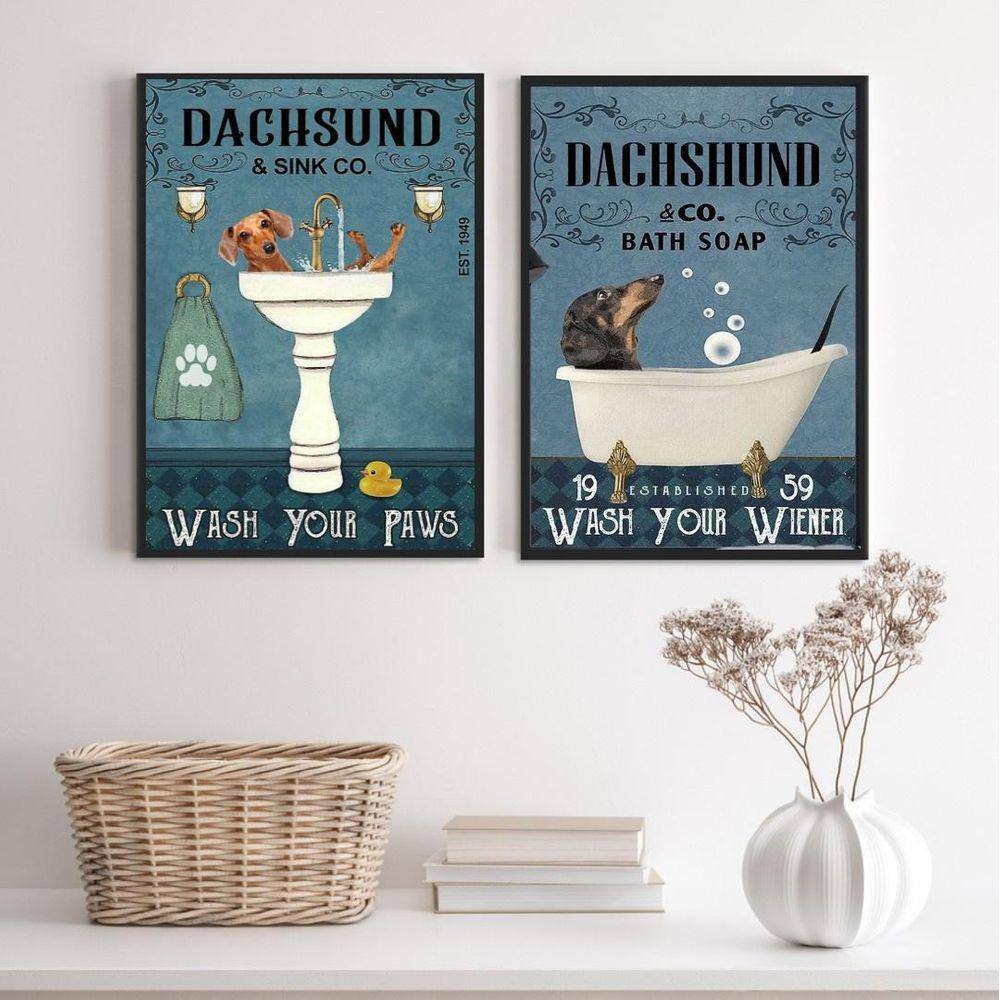 Kit 2 Quadros De Banheiro Cão Dachshund 24X18Cm