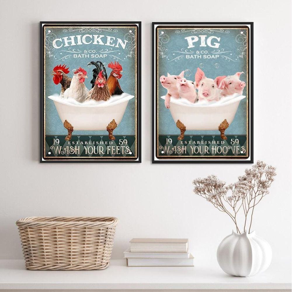 Kit 2 Quadros Banheiro Animais Fazenda 45X34Cm