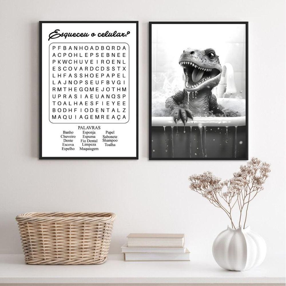 Kit 2 Quadros Banheiro Infantil - Dinossauro 33X24Cm - Vidro