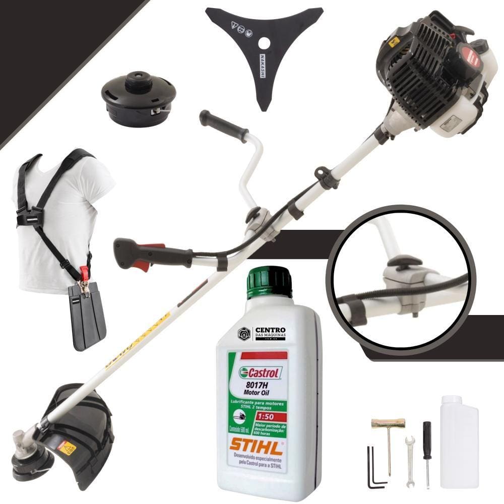 Roçadeira Profissional Lateral Kawashima KW52-LE À Gasolina 2T 52cc 2,5HP Com Lâmina 3 Pontas e Carretel Nylon + ÓLEO STIHL 2T