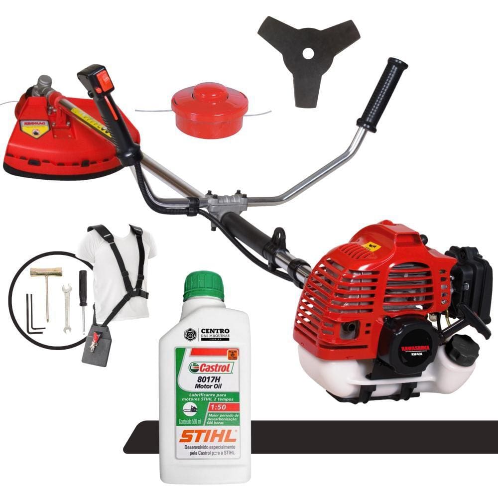 Máquina de Cortar Grama À Gasolina Kawashima KW43-L 2T 43cc 1,7HP Roçadeira Com Lâmina 3 Pontas e Cabeçote Nylon + ÓLEO STIHL 2T
