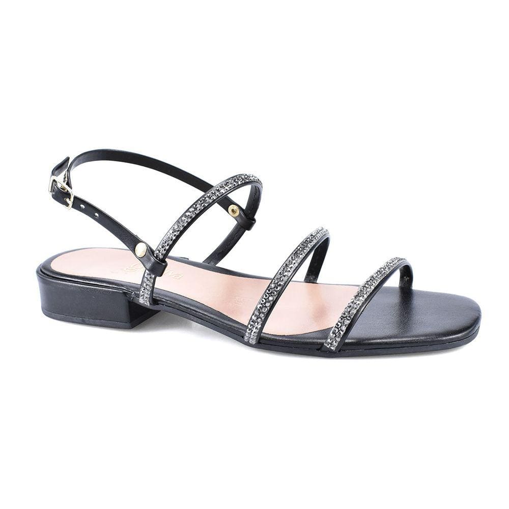 Sandalia Feminina Preto Tiras Strass Godiva Ajustavel