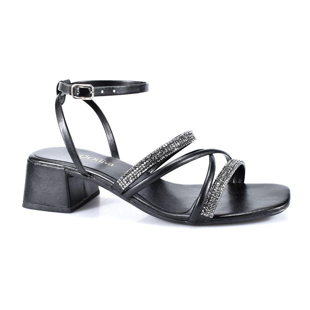 Sandalia Feminina Salto Bloco Baixo Tiras Em Strass Godiva Preto Confortavel