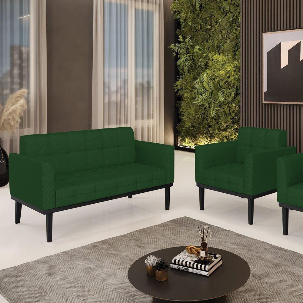 Conjunto Poltrona E Namoradeira Decorativa Pés Fixo Em Madeira Preto Veludo Verde Esmeralda