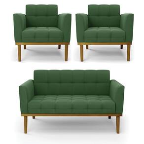 Conjunto 2 Poltronas E 1 Namoradeira Decorativa Pés Fixo Em Madeira Castanho Suede Verde