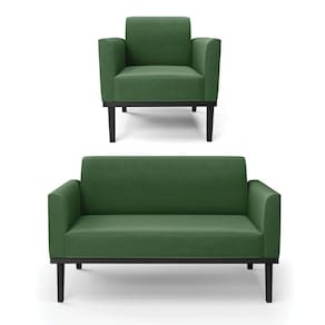 Conjunto Poltrona E Namoradeira Decorativa Pés Fixo Em Madeira Preto Suede Verde