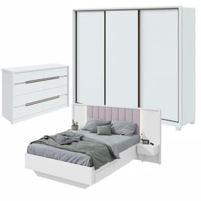 Quarto com Guarda-Roupa 3 Portas 6 Gavetas, Cômoda Urban 8 Gavetas e Cama Solaris Branco
