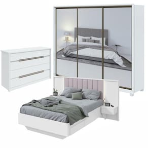 Guarda-Roupa Casal  Super Glass, Cômoda Urban e Cama Casal Solaris Branco