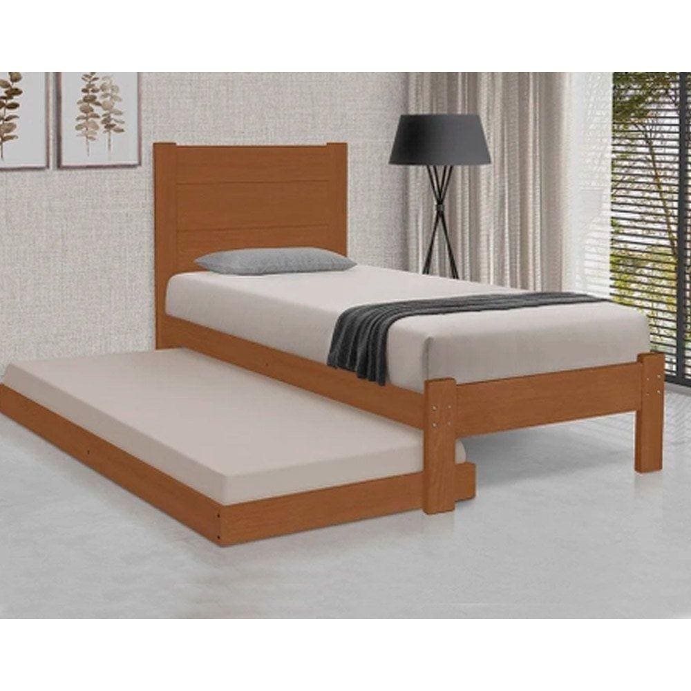 Cama Lara Solteiro em Madeira com Auxiliar Castanho Atraente
