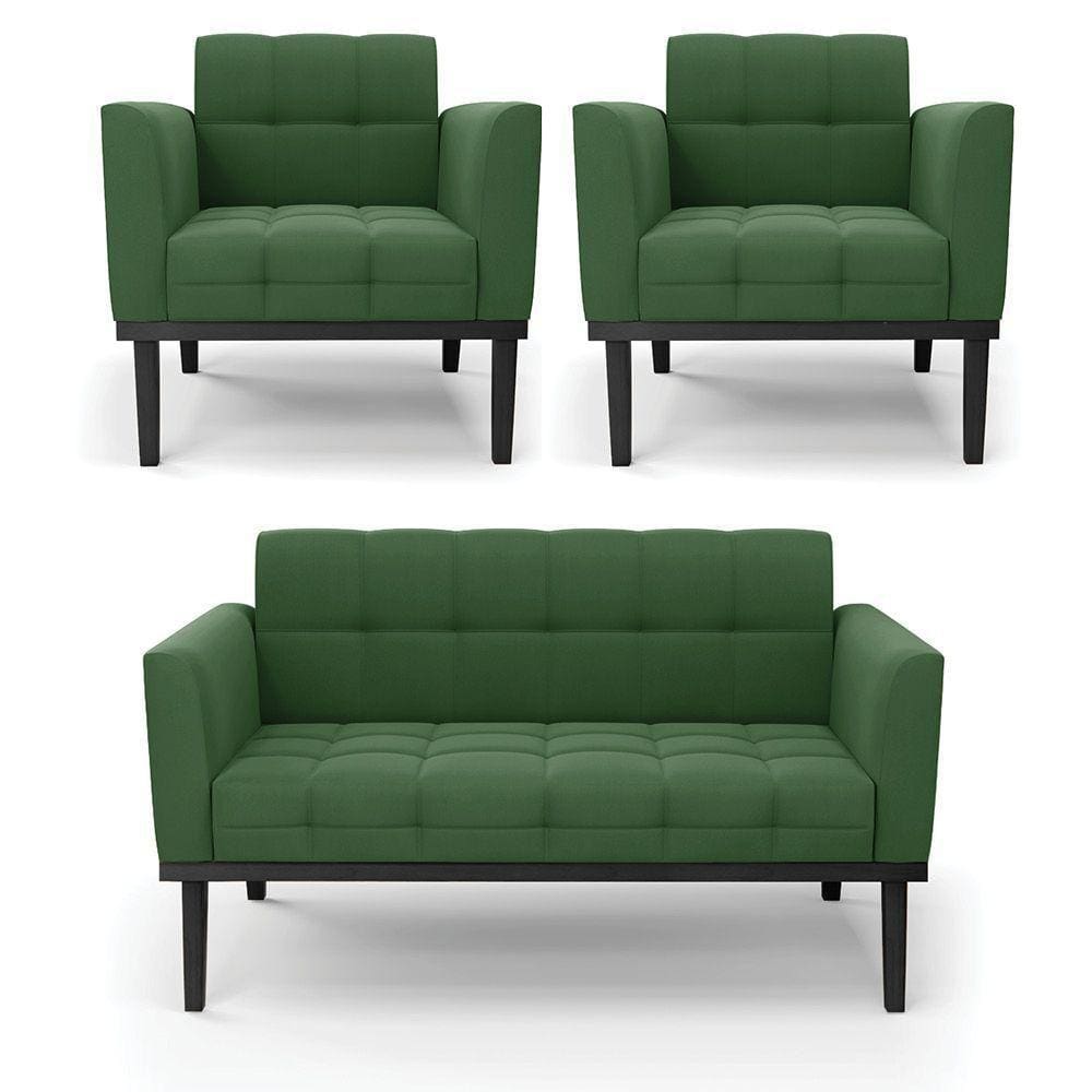 Conjunto 2 Poltronas E 1 Namoradeira Decorativa Pés Fixo Em Madeira Preto Suede Verde