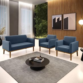 Conjunto 2 Poltronas E 1 Namoradeira Decorativa Pés Fixo Em Madeira Castanho Suede Azul Marinho