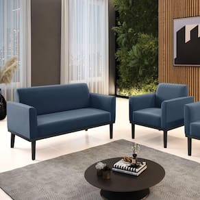 Conjunto Poltrona E Namoradeira Decorativa Pés Fixo Em Madeira Preto Suede Azul Marinho