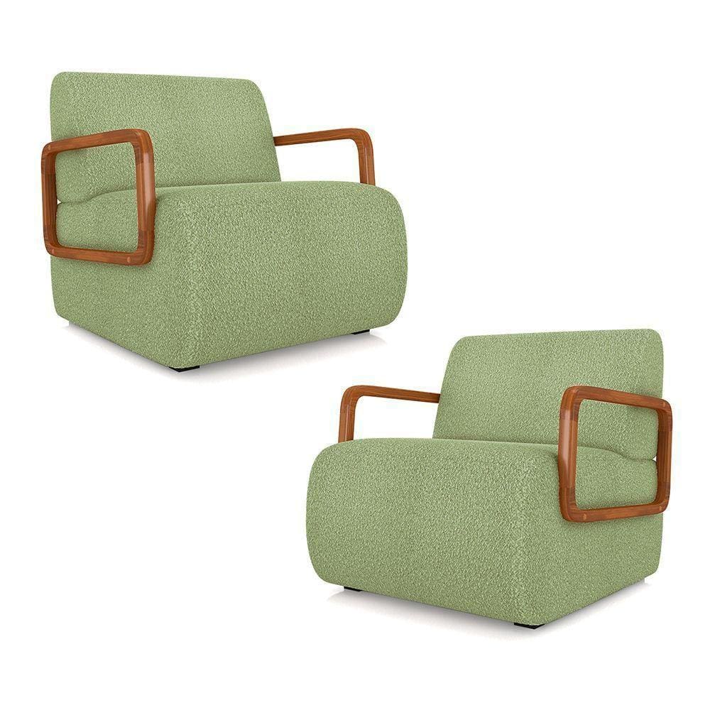 Kit 2 Poltronas Decorativa Sala De Estar Odessa Braços Em Madeira Bouclê Verde Oliva G33