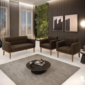 Conjunto 2 Poltronas E 1 Namoradeira Decorativa Pés Fixo Em Madeira Castanho Suede Marrom 19