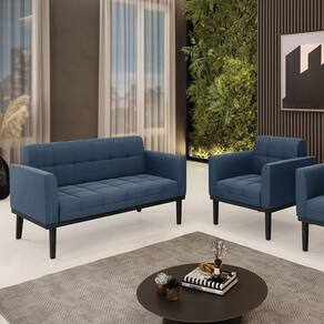Conjunto Poltrona E Namoradeira Decorativa Pés Fixo Em Madeira Preto Suede Azul Marinho