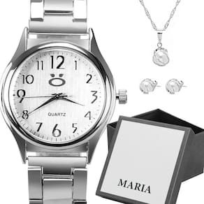 Relogio feminino aço inox prata + caixa + colar brincos