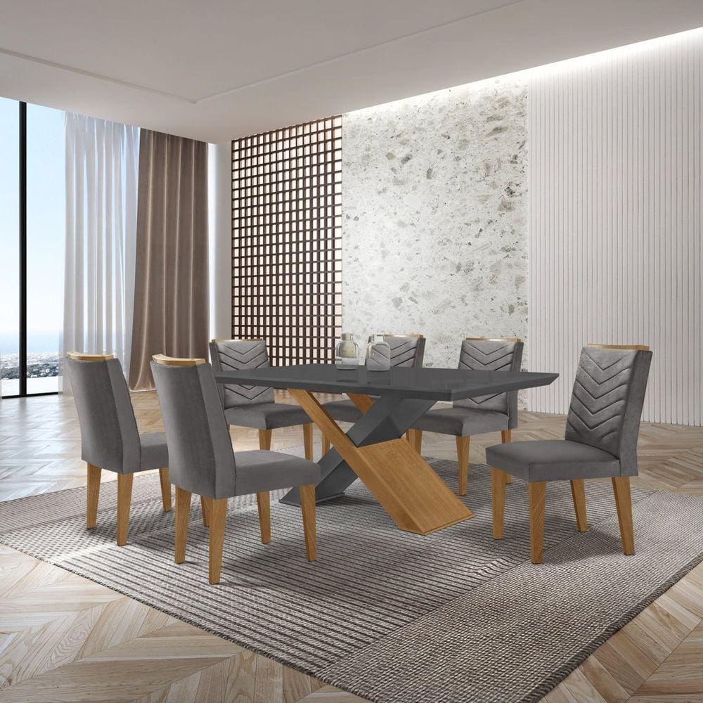 Mesa Valentina 180 Tampo Mdf Canto Reto com 6 Cadeiras Monique Grafite/Imbuia