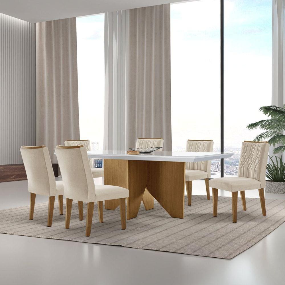 Mesa Nancy 180 Tampo Mdf Vidro/canto Reto com 6 Cadeiras Dandara Creme/Off White/Imbuia