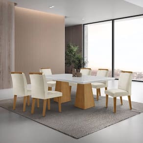 Mesa Inovare 180 Tp Mdf Vidro/canto Reto com 6 Cadeiras Bugatti Creme /Off White / Imbuia Ripado