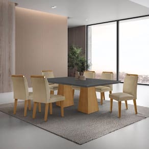 Mesa Inovare 180 Tampo Mdf Canto Reto com 6 Cadeiras Bugatti Turim/Grafite/Imbuia/Imbuia Ripado