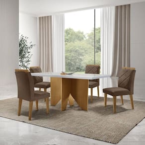 Mesa Nancy 120 Tampo Mdf Canto Reto com 4 Cadeiras Hydra Marrom/Off White/Imbuia