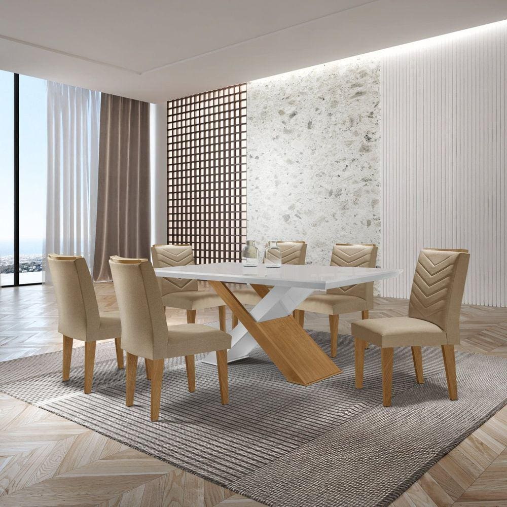 Mesa Valentina 180 Tampo Mdf Canto Reto com 6 Cadeiras Monique Turim/Off White/Imbuia