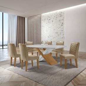 Mesa Valentina 180 Tampo Mdf Canto Reto com 6 Cadeiras Monique Turim/Off White/Imbuia