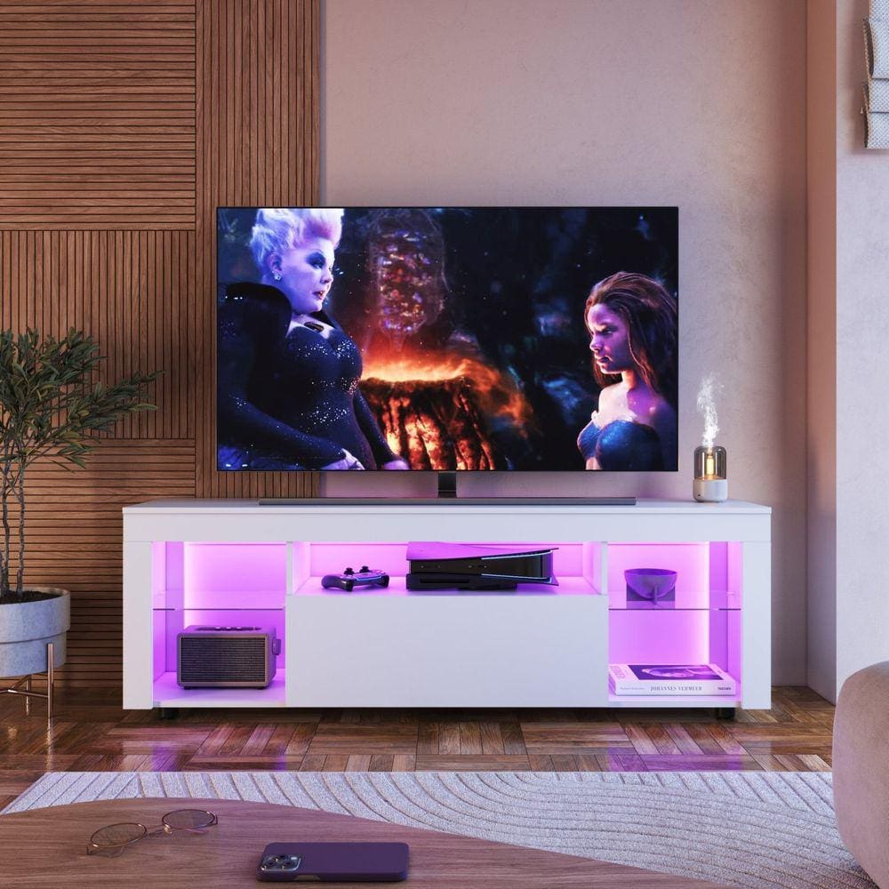 Rack para Tv até 60 Polegadas Estilo Gamer 1 Gaveta 2 Prateleiras em Vidro e Iluminação em Led Yesca Branco