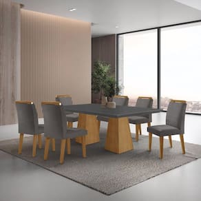 Mesa Inovare 180 Tampo Mdf Canto Reto com 6 Cadeiras Bugatti Grafite/Imbuia/Imbuia ripado