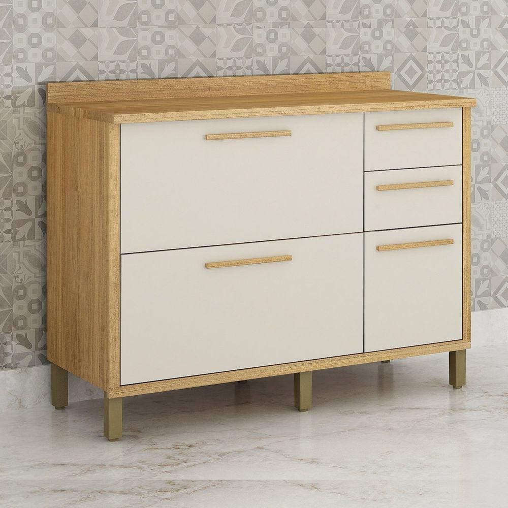 Balcão para Cozinha 3 Portas 2 Gavetas 120cm Torino Cinamomo/Off White