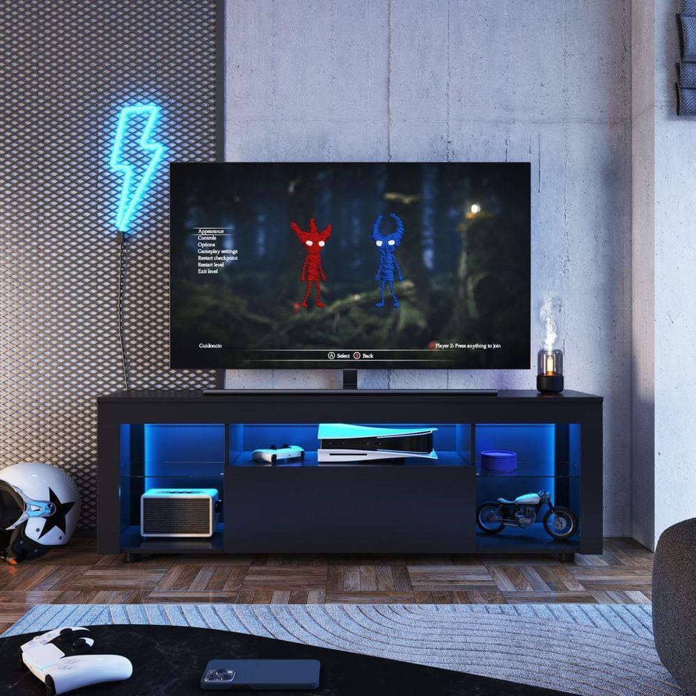 Rack para Tv até 60 Polegadas Estilo Gamer 1 Gaveta 2 Prateleiras em Vidro e Iluminação em Led Yesca Preto