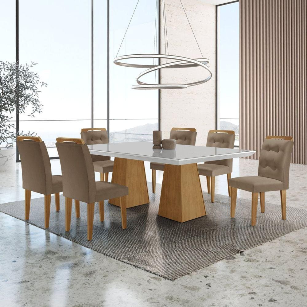 Mesa Inovare 180 Tp Mdf Vidro/canto Reto com 6 Cadeiras Valentina capuccino/Imbuia/Imbuia Ripado/Serig. Off