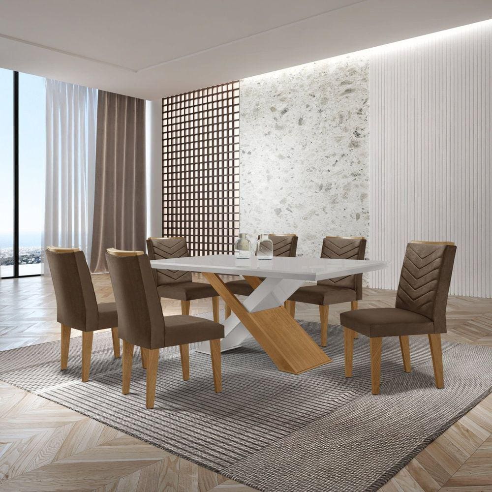 Mesa Valentina 180 Tampo Mdf Canto Reto com 6 Cadeiras Monique Marrom/Off White/Imbuia