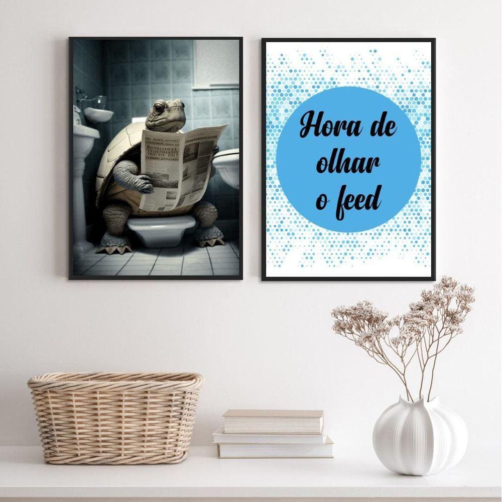 Kit 2 Quadros Engraçados Banheiro - Tartaruga 33X24Cm