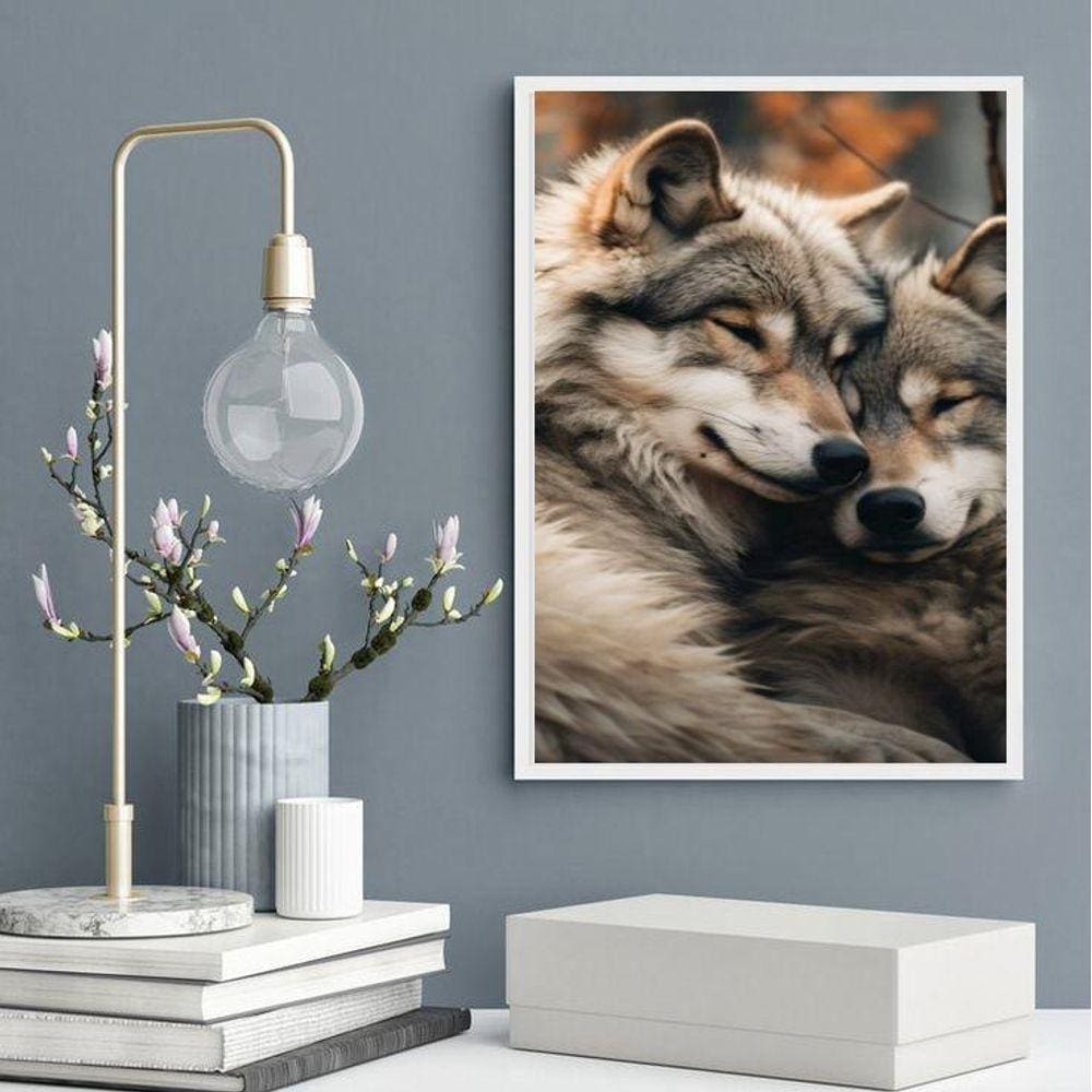 Quadro Fotografia Casal De Lobos 33X24Cm - Com Vidro