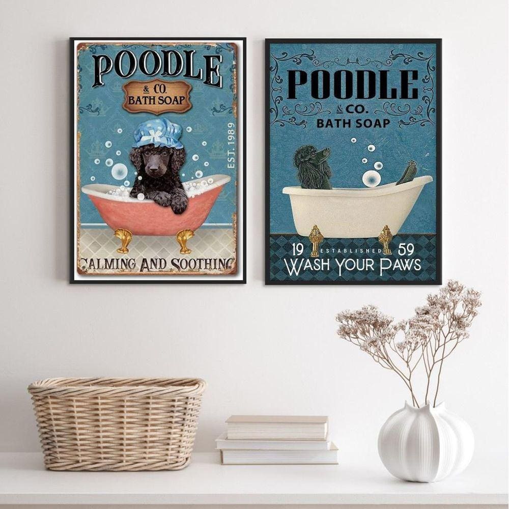 Kit 2 Quadros Banheiro Cão Poodle 33X24Cm