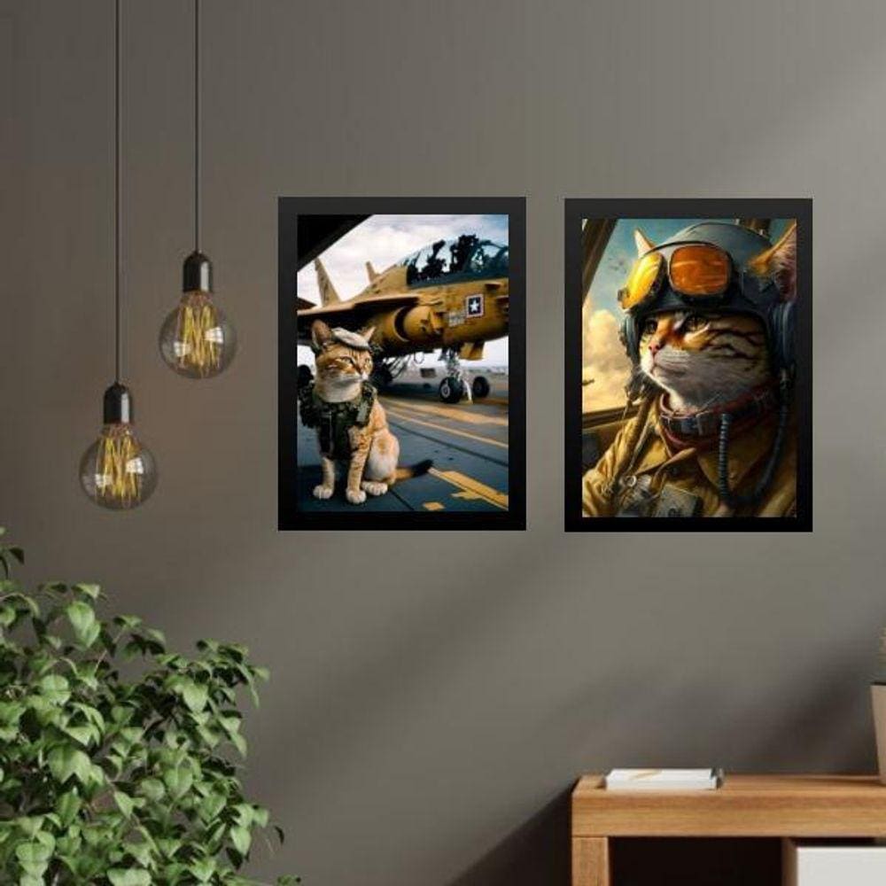 Kit 2 Quadros Aviação - Gato Aviador 24X18Cm