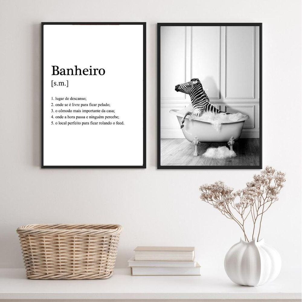 Kit 2 Quadros Divertidos Banheiro - Zebra 33X24Cm - Vidro
