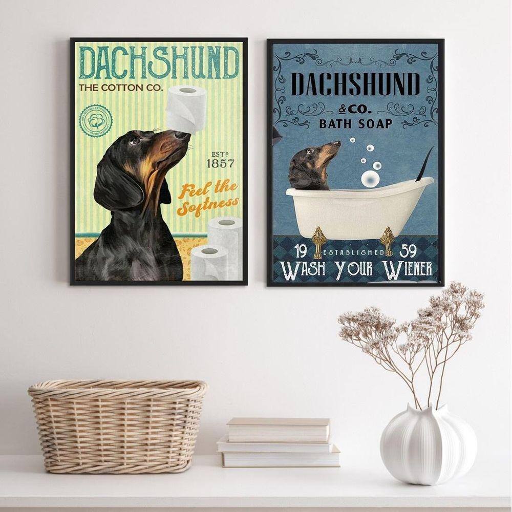 Kit 2 Quadros Banheiro Vintage - Dachshund 33X24Cm - Vidro