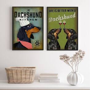 Kit 2 Quadros Cozinha Cão Dachshund 33X24Cm - Com Vidro