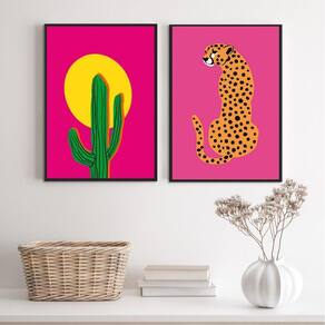 Kit 2 Quadros Rosa Pink - Leopardo E Cacto 45X34Cm