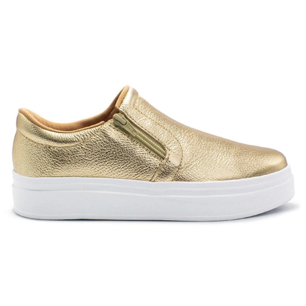 Tênis Usaflex Feminino Slip On Em Couro Plataforma Zíper Casual AL1003 - 38 - Amarelo Ouro