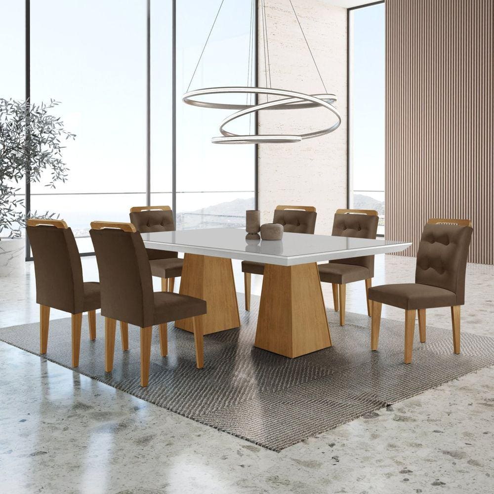 Mesa Inovare 180 Tp Mdf Vidro/canto Reto com 6 Cadeiras Valentina Marrom/Off White/Imbuia/imbuia Ripado/Sergi. Off